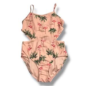 Old Navy Girls Swimsuit Pink Flamingo Print Side Cutouts One Piece XL 14 16